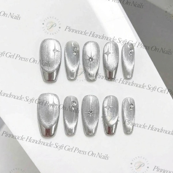 Silberfarbenes Samt-Katzenauge-Press-On-Nägel, Chrom-French-Spitze-Fake-Set, Y2K-Star-Art-False-Maniküre, wiederverwendbare Gel-Kleber, Y2K, Geschenk für sie