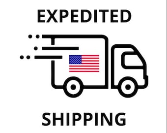 May include: A black and white graphic icon of a delivery truck with motion lines on the left side. The word EXPEDITED is printed above the truck, and the word SHIPPING is printed below. A small rectangular United States flag is on the truck side.