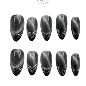 Graue Katzenaugen-Presse auf den Nägeln, 3D-Chrom-Silber Tribal-Gothic-Nägel, dunkles Samt-Magnet-Starburst- wiederverwendbares handgemachtes weiches Gel-Set, Geschenk
