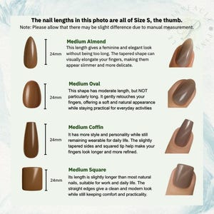May include: Image showcasing four different nail shapes: almond, oval, coffin, and square. Each shape is a medium length of 24mm. The almond shape tapers, the oval is moderate, the coffin has tapered sides, and the square has straight edges. The nails are a neutral brown color.