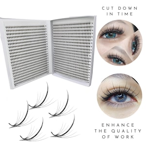 May include: A white storage tray containing rows of black individual eyelash extensions with labelled lengths. Four loose lash clusters are displayed below. Two circular insets show eyes with applied lashes and the text CUT DOWN IN TIME and ENHANCE THE QUALITY OF WORK.