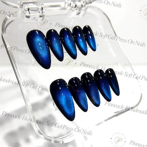 Blue Cat Eye Press on Nails, Midnight Navy Glossy, Dark Blue Reusable Nails, Clean Girl Old Money Custom Size Handmade Gel Glue ons, Gift