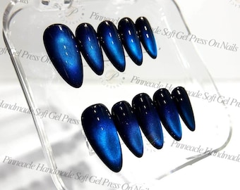 Blue Cat Eye Press on Nails, Midnight Navy Glossy, Dark Blue Reusable Nails, Clean Girl Old Money Custom Size Handmade Gel Glue ons, Gift