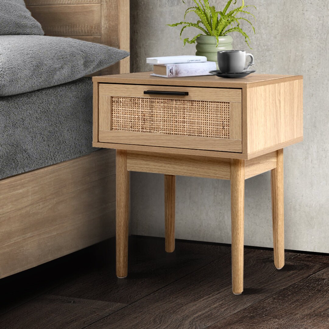Mira Rattan Wooden Bedside Table Sleek Nightstand Drawer Etsy