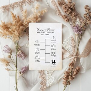 Könnte beinhalten: Ein Hochzeitszeitplaner mit den Namen "Denya & Brian". Der Planer enthält einen Zeitplan mit Symbolen für Ehe, Prost, Kuchen, Kirche, Foto, Abendessen und Tanz. Der Hintergrund umfasst getrocknete Blumen und Spitze.