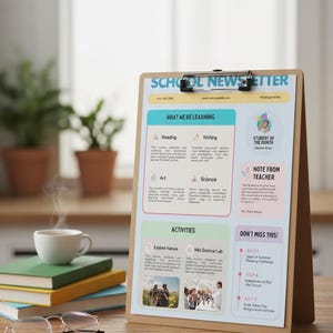 Könnte beinhalten: Ein Schul-Newsletter auf einem Holz-Klemmbrett mit Abschnitten zu Lesen, Schreiben, Kunst, Naturwissenschaften und Aktivitäten. Der Titel lautet "SCHOOL NEWSLETTER". Eine Tasse Kaffee und Bücher liegen auf dem Tisch.