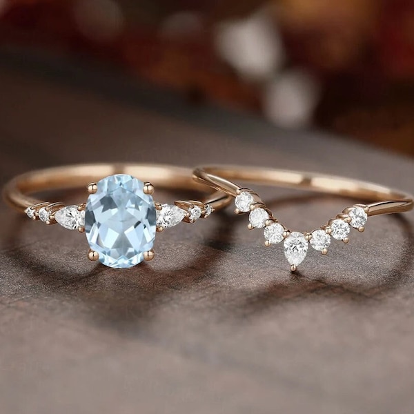 Oval Aquamarine Engagement Ring Set, Vintage Aquamarine Ring Rose Gold Promise Ring March Birthstone Ring Anniversary Gift Handmade Gift