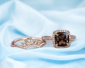 Natürliche Rauchquarz Vintage kissenförmige Braut Ring Set 14k Rose Gold Vintage Hochzeit Band Moissanite Versprechen Ring für Frauen