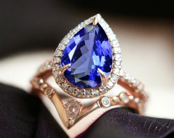 Vintage Tanzanite engagement ring set women 14k rose gold Unique Pear shaped engagement ring diamond wedding ring Bridal anniversary ring