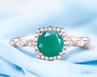 Vintage Round Green Onyx Engagement Ring, Nature Inspired Rings, 14k White Gold Vermeil Wedding Ring, Promise Rings For Women