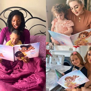 Different pictures of moms and a child reading a Hooray Heroes' personalized book to gift for Mother's Day, Christmas or Valentine's Day.
