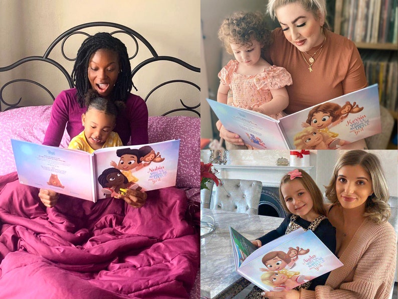 Different pictures of moms and a child reading a Hooray Heroes' personalized book to gift for Mother's Day, Christmas or Valentine's Day.