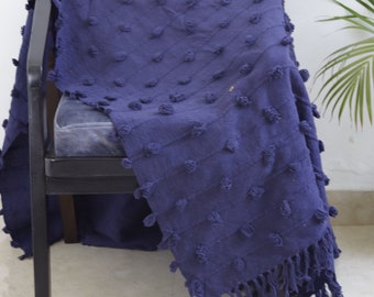 Handloom Cotton Throw Blanket - Navy Blue with Chunky Loops Throw Blanket