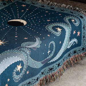 Blue Woven Cotton Wall Hanging &quot;Beautiful as the Moon&quot; by Le Châle Bleu France: Magic Celestial Home Decor, Comet, Constellation and Stars
