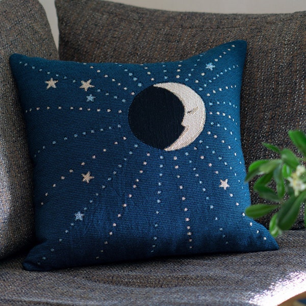 Moon Pillow "Beautiful as the Moon" by Le Châle Bleu France: Woven Pillow Cover, Witchy Crescent Moon Bedroom Decor, Celestial Home Decor