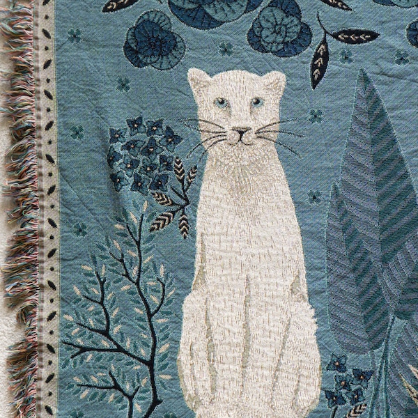 Grande couverture en jacquard de coton "La Panthère et la pierre magique", plaid design exclusif par Le Châle Bleu France, jeté de lit chats