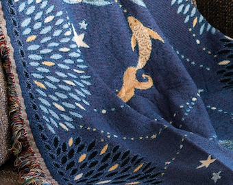 Woven Cotton Throw Blanket "The Stars and the Sea" by Le Châle Bleu France: Magic Celestial Home Decor, Comet, Constellation and Stars