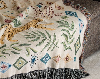 Beige Woven Cotton Throw Blanket "The Tiger's Bride" by Le Châle Bleu France: Big Cats Home Decor, Leopard & Tiger Jungle Plaid Wall Hanging