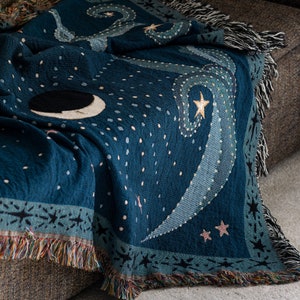 Woven Cotton Throw Blanket "Beautiful as the Moon" by Le Châle Bleu France: Magic Celestial Home Decor, Comet, Constellation and Stars