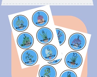 Baby Milestone Monthly Printable Digital Sticker Set - Blue Plants - Nursery Decor