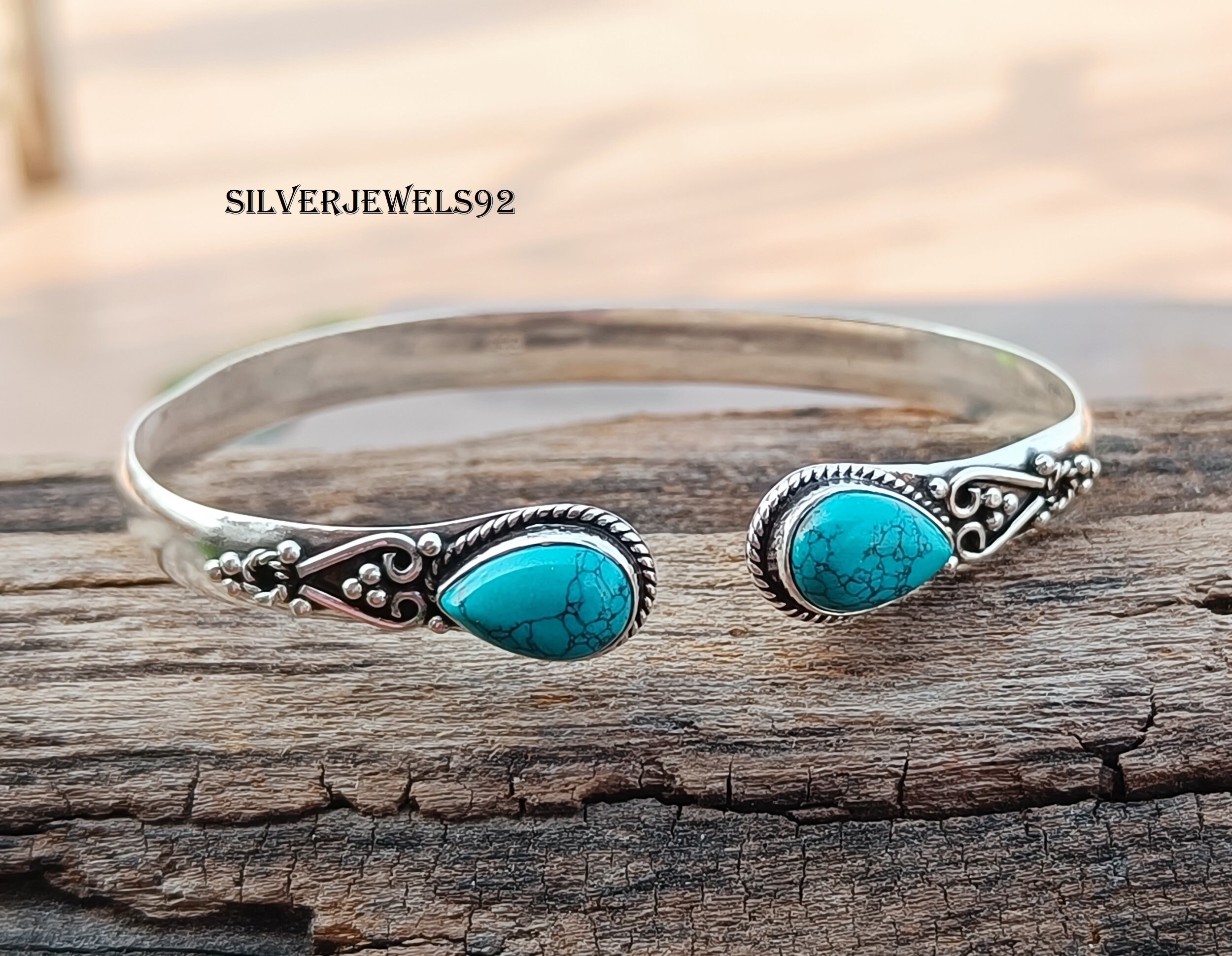 SILVER925 TURQUOISE BANGLE/シルバー/バングル Handmade Turquoise Bangle: 925 Sterling Silver Adjustable Boho