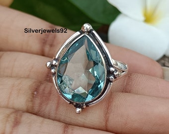 Aquamarine Ring, Teardrop Shape Ring, Pear Cut Ring, Gemstone Ring, Mini Silver Ring, 925 Sterling Silver, Engagement Ring For Her