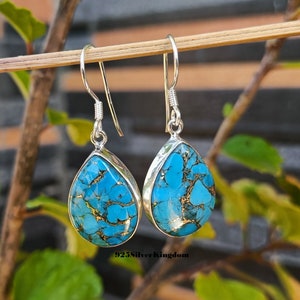 Handmade Pear Blue Copper Turquoise Earrings, 925 Sterling Silver, Boho Hippie Style