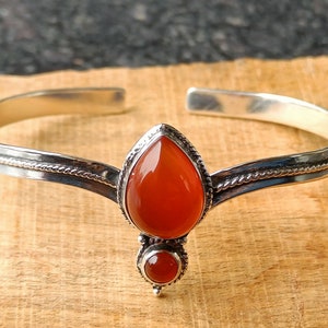Handmade Carnelian Bangle: Teardrop Orange Gemstone, 925 Silver
