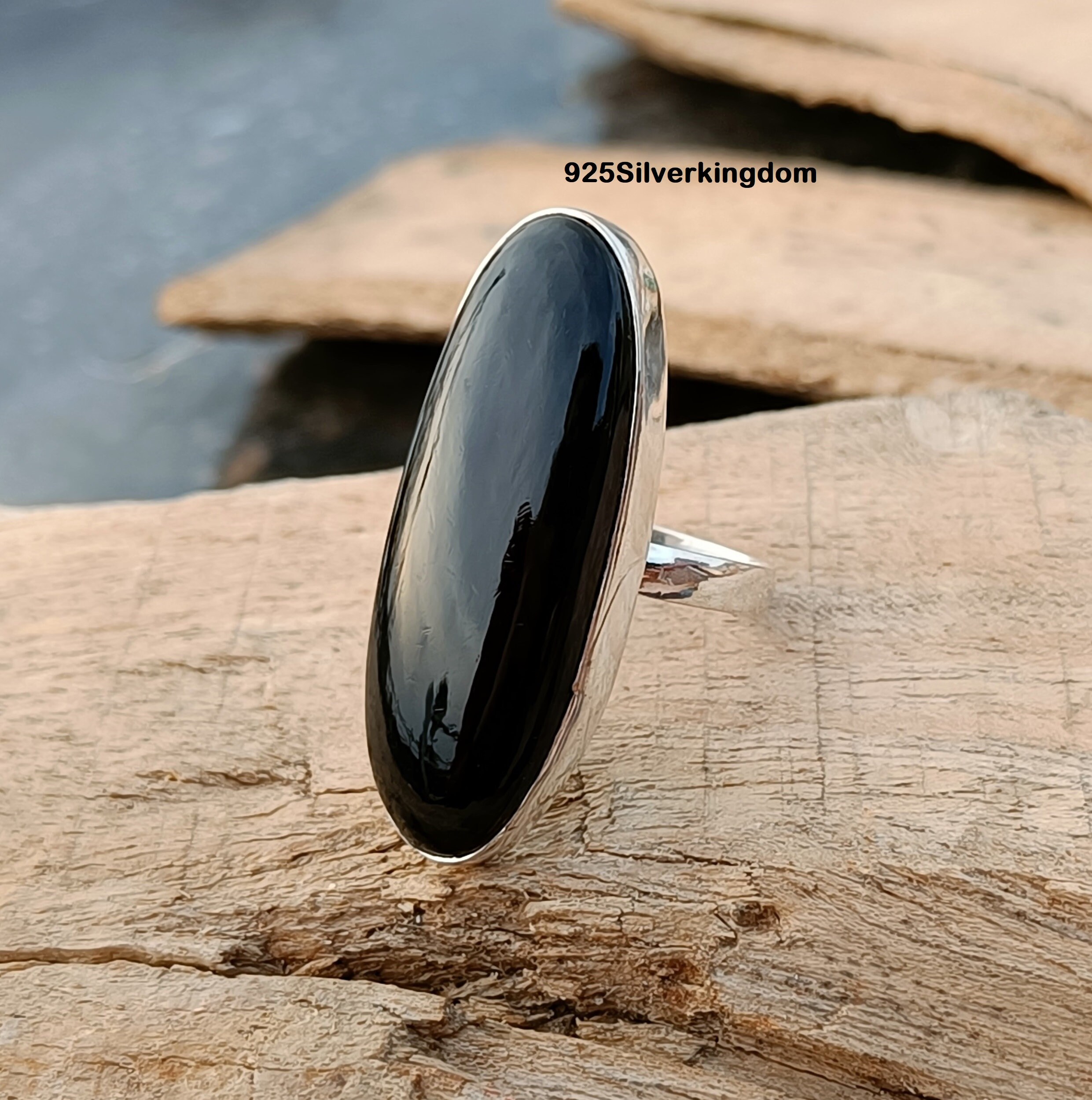 Handmade Black Onyx Ring: Oval Stone, 925 Sterling Silver, Boho
