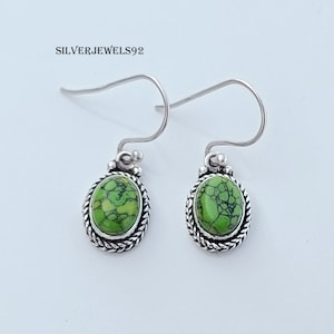 Handmade Green Turquoise Earrings: 925 Sterling Silver Boho Dangle