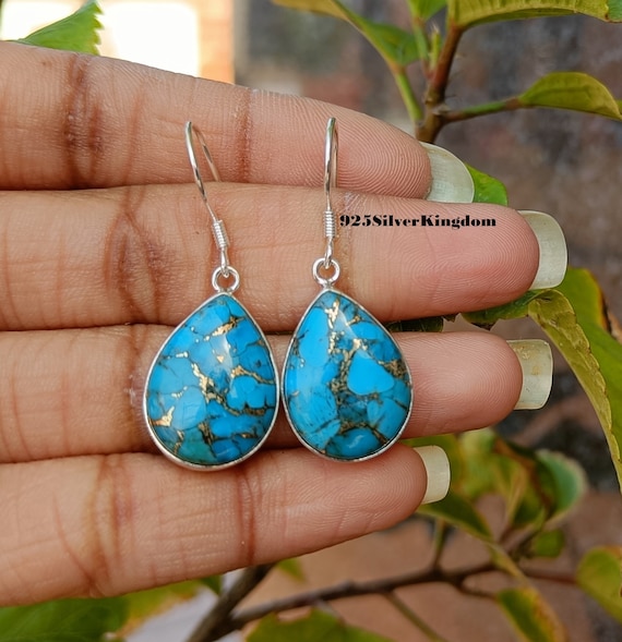 Boucles D'oreilles Puces - Gros Cabochon Ovale En Turquoise Naturelle, Argent Massif 925