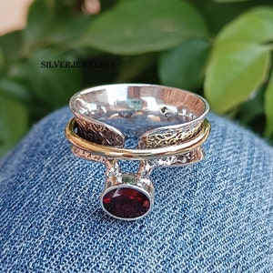 Handmade Garnet Sterling Silver Spinner Ring: Boho Gemstone Band