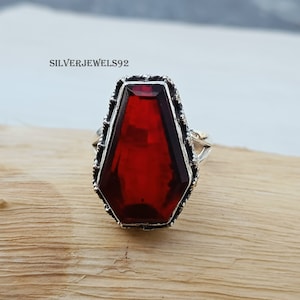 Coffin Garnet Ring, Red Gemstone Ring, 925 Sterling Silver Ring, Handmade Ring, Designer Ring, Coffin Ring, Solitaire Ring, Charming Ring