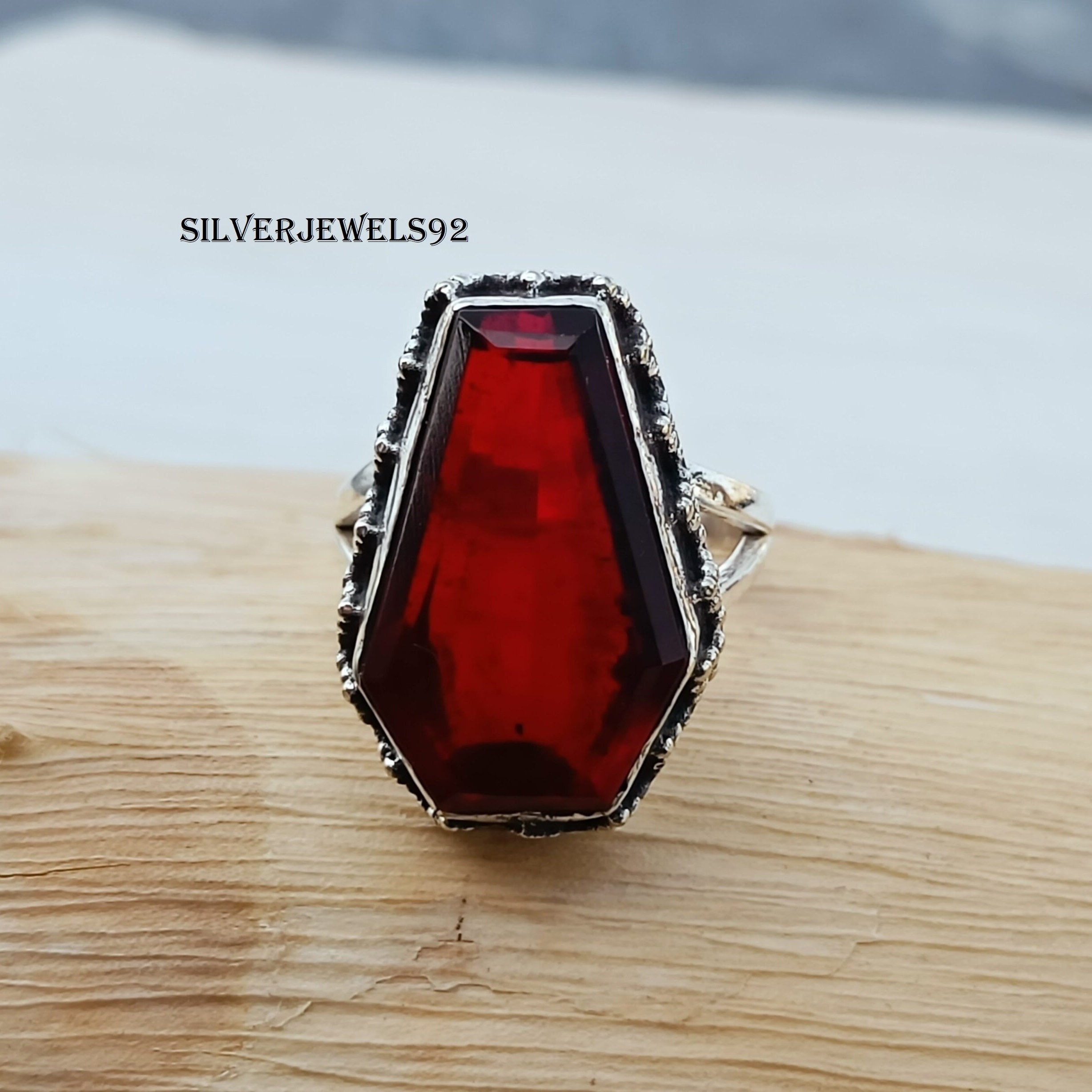 Coffin Garnet Ring, Red Gemstone Ring, 925 Sterling Silver Ring, Handmade Ring, Designer Ring, Coffin Ring, Solitaire Ring, Charming Ring