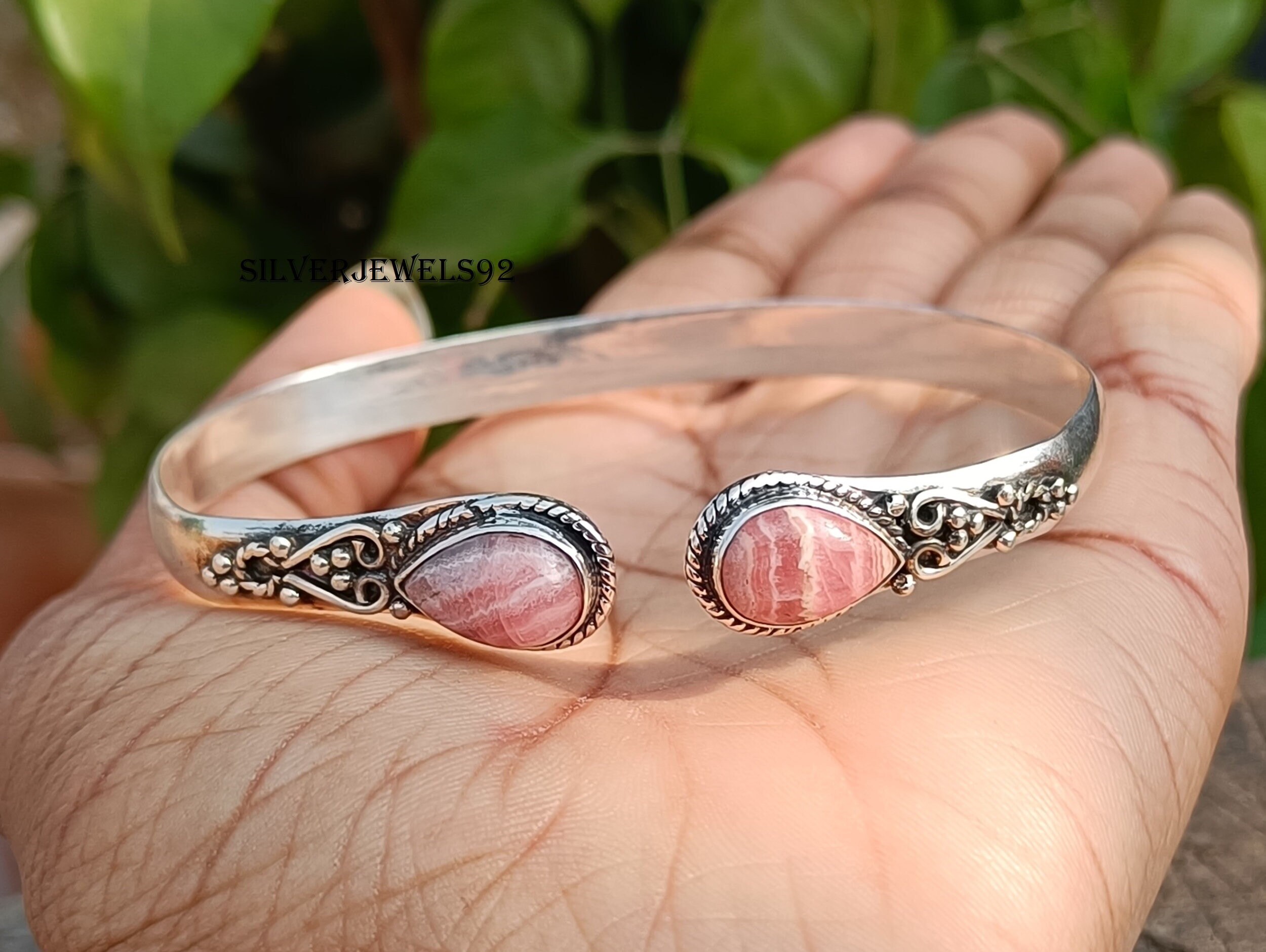 Handmade Rhodochrosite 925 Sterling Silver Bangle: Boho Gemstone 