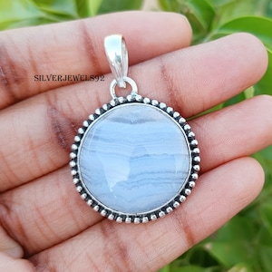 Blue Lace Agate Pendant, 925 Silver Pendant, Wedding Pendant, Gift For Friend, Light Blue Crystal Pendant, Pretty Pendant, Unique Gift Her