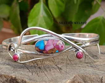 Pink Copper Turquoise Bangle, 925 Silver Bangle, Artisan Gemstone Bangle, Pink Stone Bangle, Turquoise Handmade Jewelry, Bangle For Gift