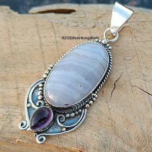Handmade Blue Lace Agate 925 Sterling Silver Boho Pendant
