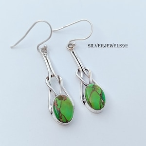 Green Copper Turquoise Earrings, 925 Sterling Silver Gemstone Earrings, Oval Stone Handmade Earrings, Designer Earrings, Dangle Drop Earring
