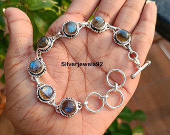 Bracelet fait main en argent sterling 925 avec pierres précieuses de labradorite bohème