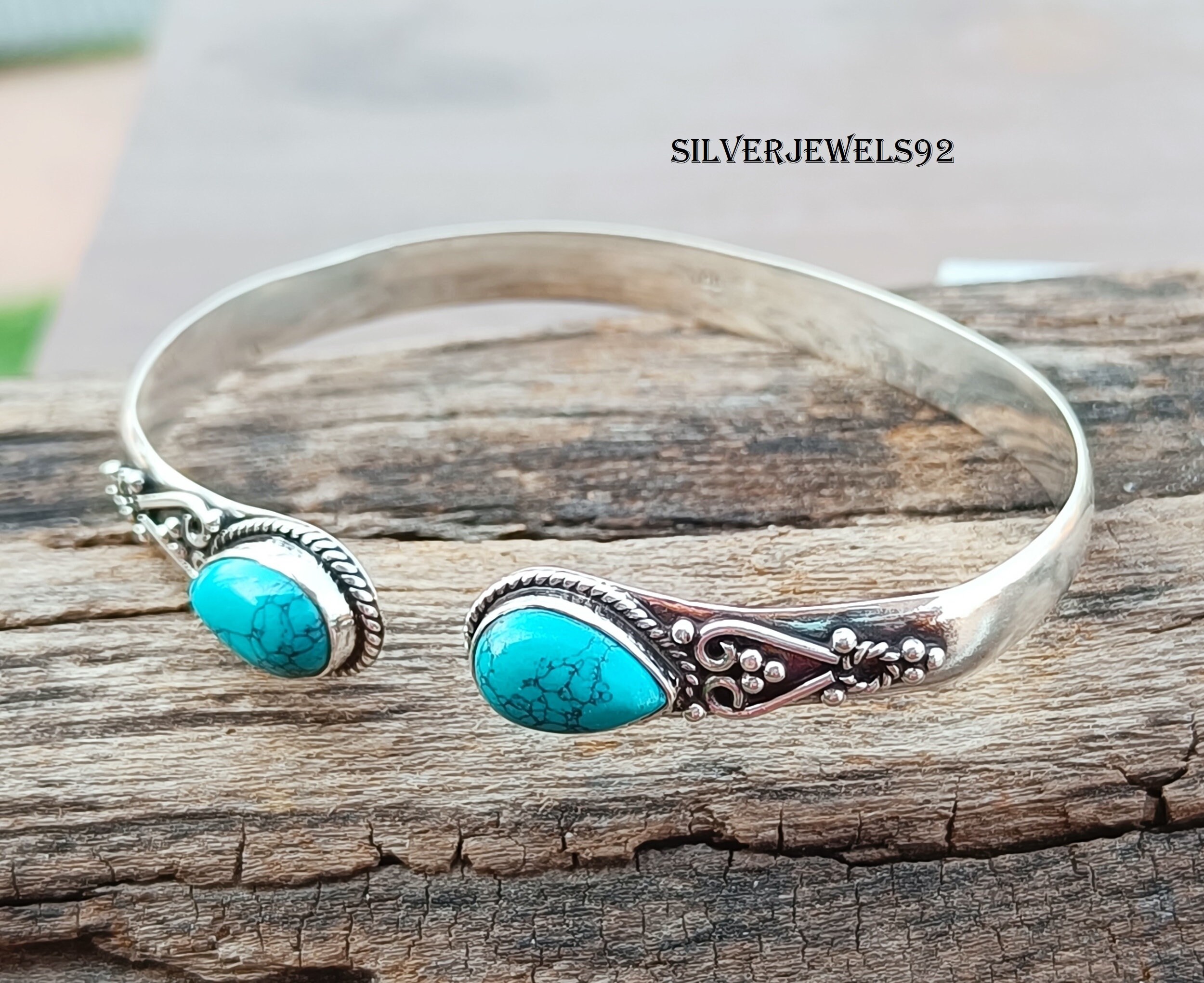 Handmade Turquoise Bangle: 925 Sterling Silver Adjustable Boho
