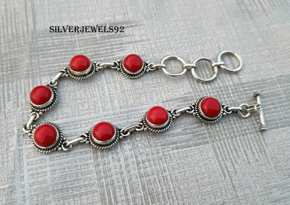 Bague pierre précieuse corail rouge en argent sterling 925 fait main