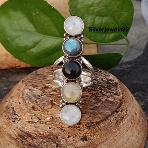 Boho 925 Sterling Silver Full Finger Ring: Moonstone, Onyx, Labradorite