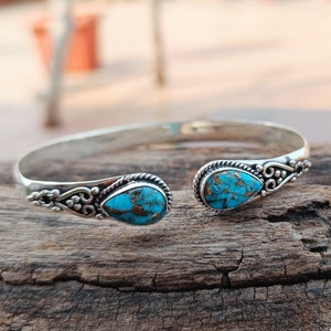 Blue Copper Turquoise Bangle, 925 Silver Bangle, Best Friend Gift, Handmade Turquoise Jewelry, Double Stone Bangle, Dainty Necklace, Gift