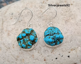 Raw Blue Copper Turquoise Earrings, 925 Silver Earrings, Handmade Gemstone Earrings, Dangle Silver Earrings, Turquoise Earrings, Blue Stone