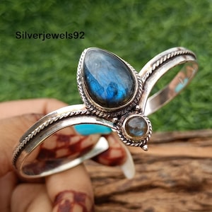 Blue Fire Labradorite Bangle: 925 Sterling Silver Adjustable Cuff