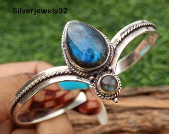 Blue Fire Labradorite Bangle: 925 Sterling Silver Adjustable Cuff