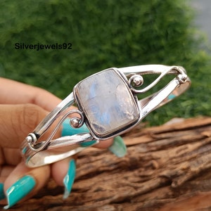 Handmade Sterling Silver Moonstone Bangle: Boho Gemstone Jewelry