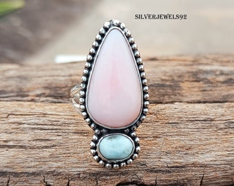 Pink Opal Ring, Larimar Gemstone Ring, Everyday Ring, 925 Silver Ring, Handmade Wedding Ring, Bridesmaid Ring, Ring For Woman, Gift Jewelry