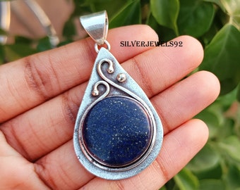 Handmade Lapis Lazuli Pendant: 925 Sterling Silver Boho Jewelry